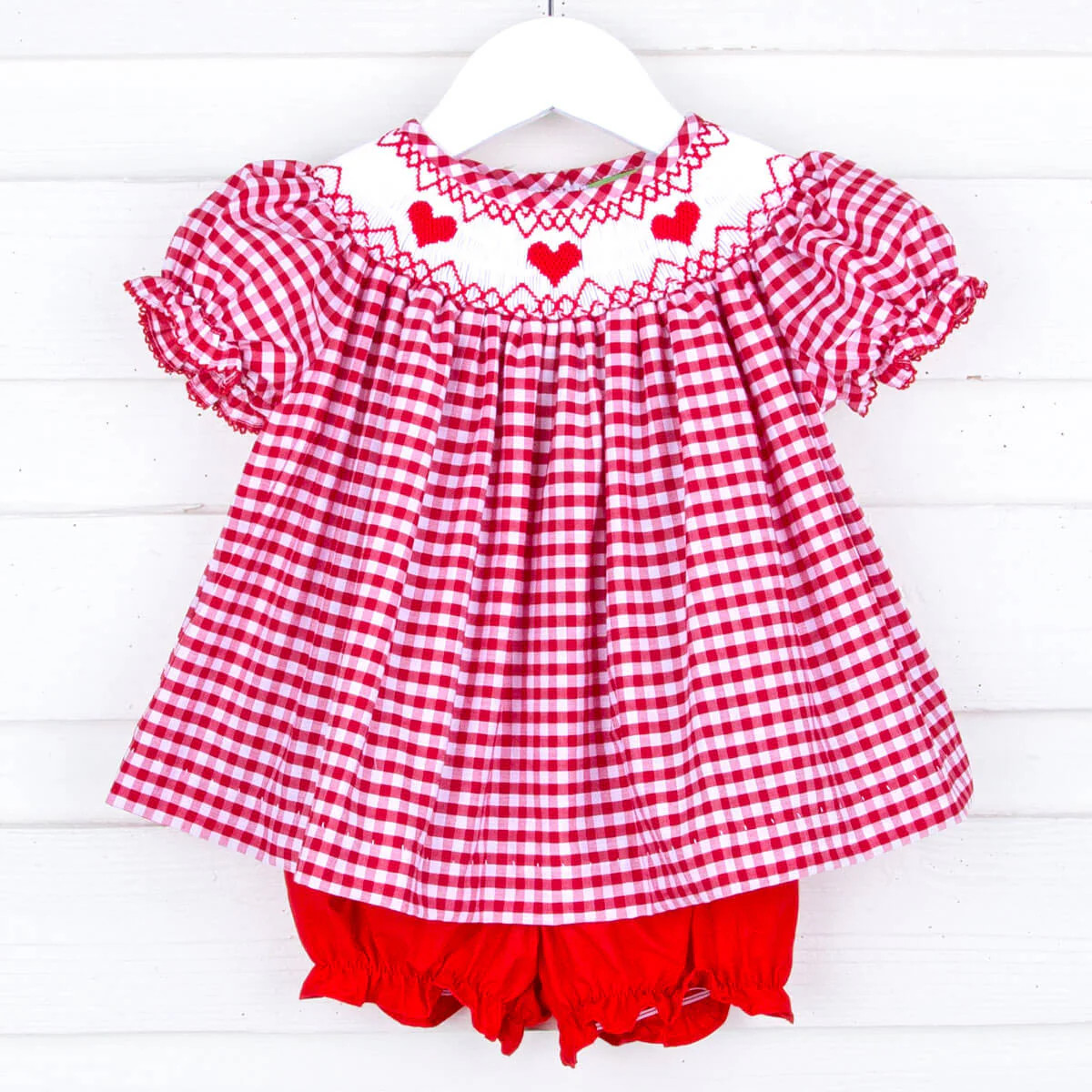 Heart Smocked Red Check Bloomer Set | Classic Whimsy