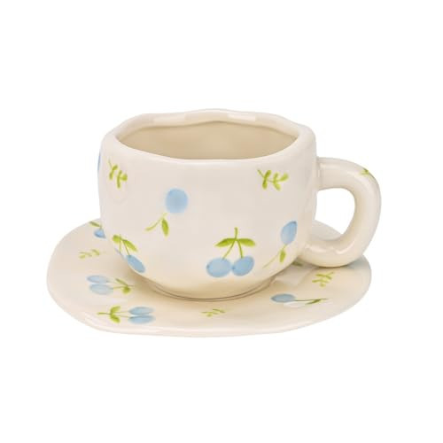 Koythin Ceramic Coffee Mug with Saucer Set, Cute Creative Fresh Fruit Cup Unique Irregular Design for Office and Home, 10 oz/300 ml for Latte Tea Milk | Amazon (US)