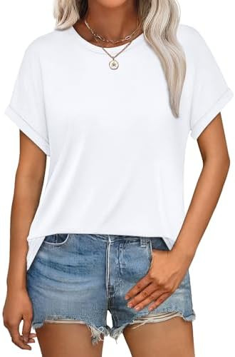 WEESO Womens T Shirts Crew Neck Rolled Short Sleeve Basic Summer Tops 2026 Casual Tees Curved Hem | Amazon (US)