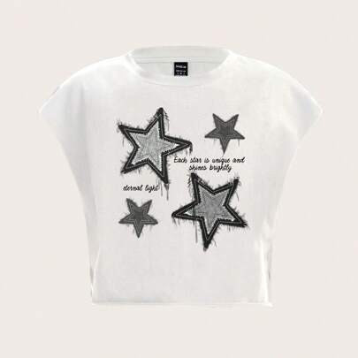 Casual Star & Letter Print Round Neck Short Sleeve Loose Crop Top T-Shirt For Women, Suitable For Autumn/Summer | SHEIN