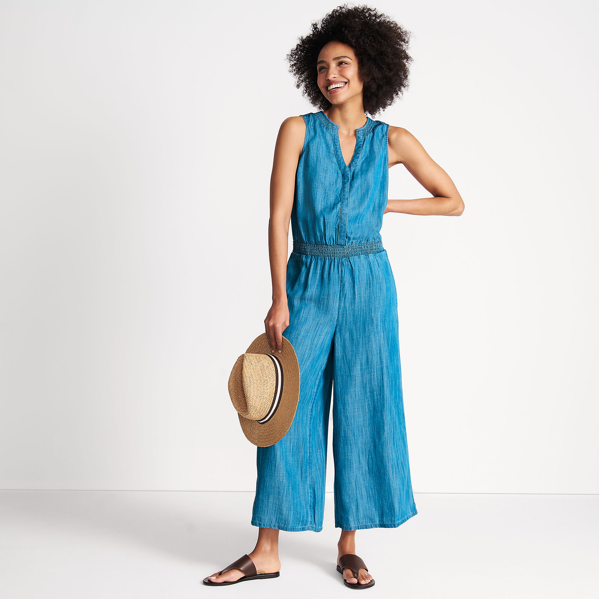 Women's Petite TENCEL™ Fiber Sleeveless Smocked Wide Leg Jumpsuit | Lands' End (US)