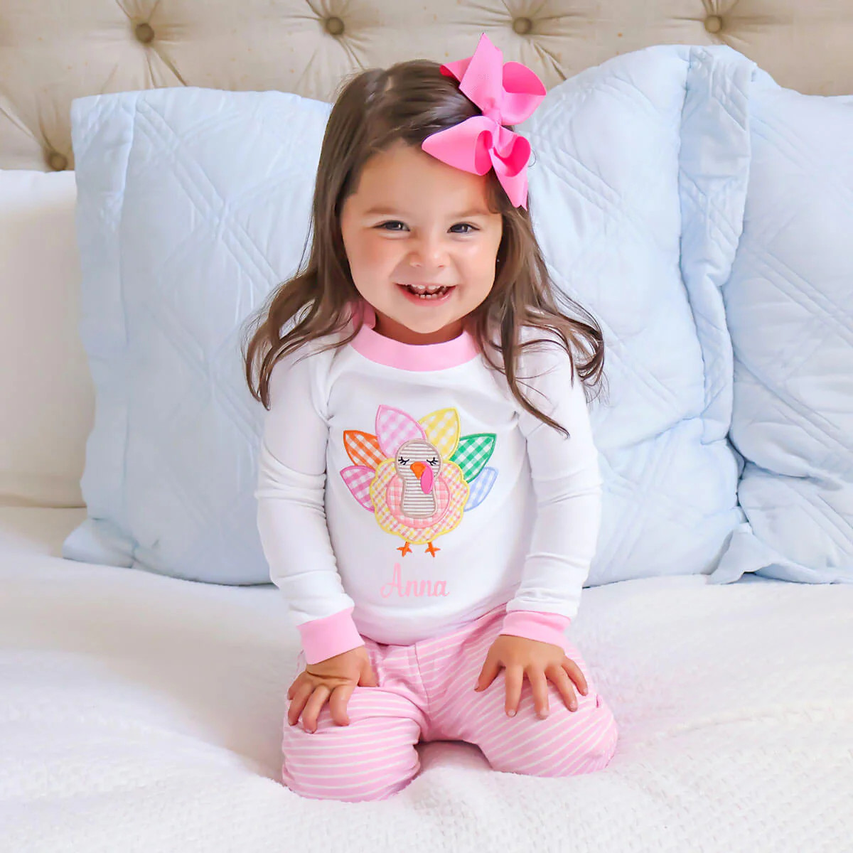 Turkey Applique Pink Stripe Pajamas | Classic Whimsy