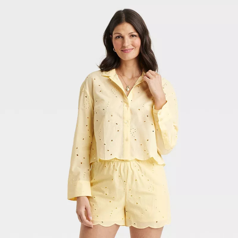 Women's Eyelet Long Sleeve Button-Down Shirt - A New Day™ | Target
