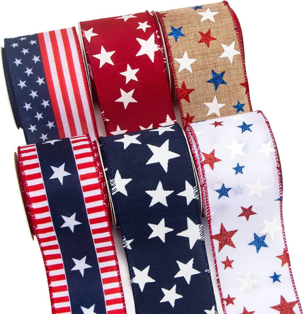 Ribbli Patriotic Wired Ribbon,6 Rolls Stars and Stripes/Navy and Red Star/Glitter Star Burlap Rib... | Amazon (US)