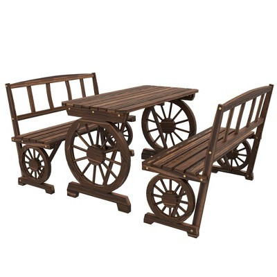 Outsunny Outdoor Table and Chairs for 4 People, Wooden Furniture Set w/ Wagon Wheel Design for Backyard Garden, Deck, Carbonized | Target