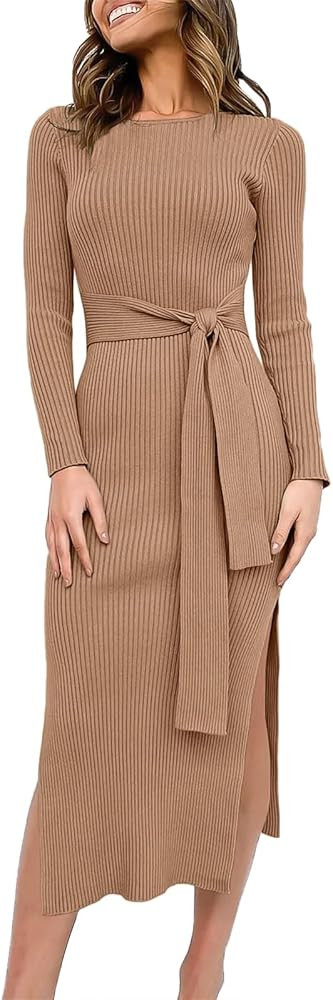 ANRABESS Womens Long Sleeve Sweater Dress Crew Neck Slim Fit Slit Tie Waist 2024 Ribbed Knit Body... | Amazon (CA)