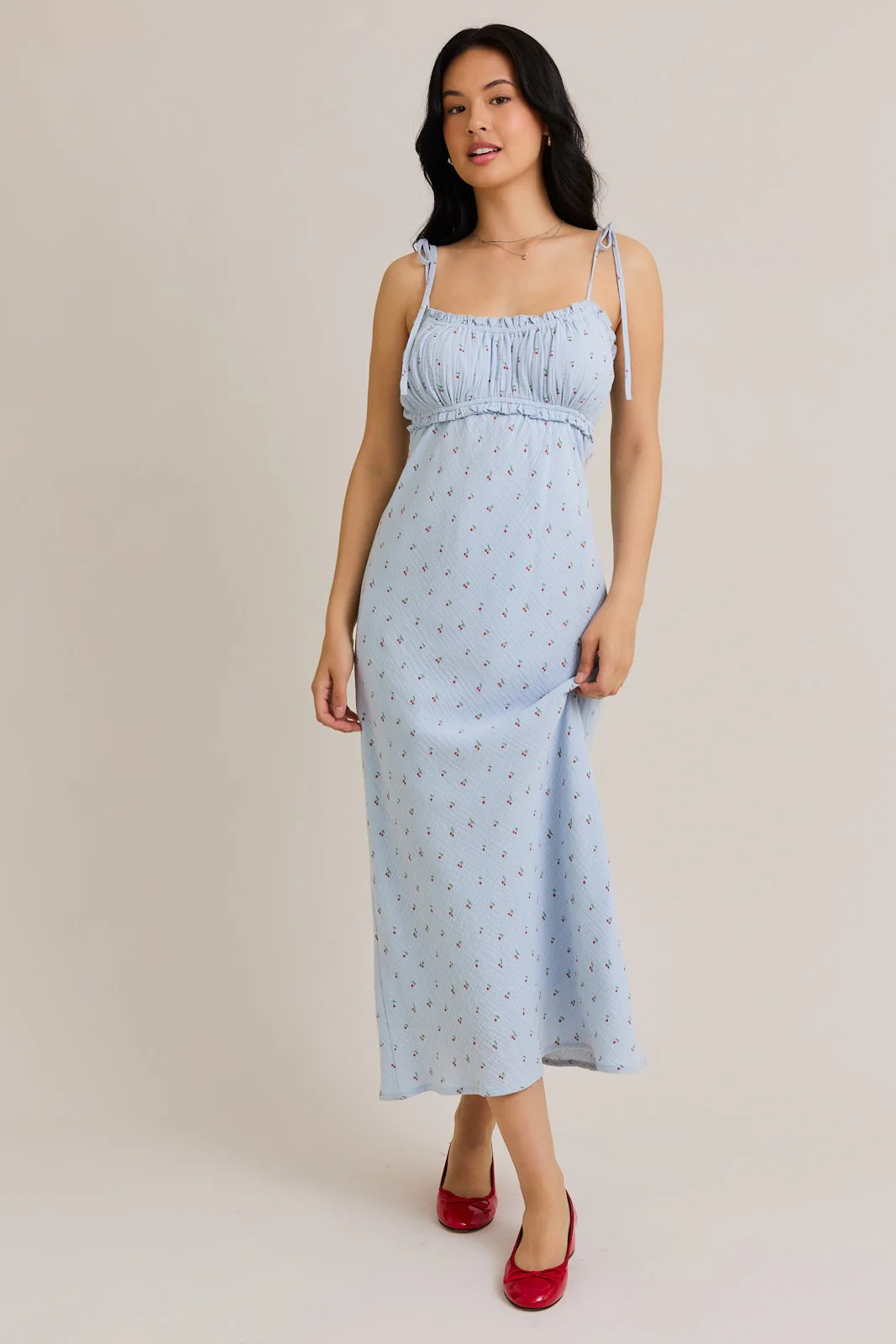 Light Blue Cherry Print Shoulder Tie Midi Dress | PinkBlush Maternity