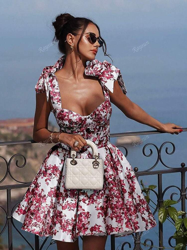 Women's Sexy Low Cut Vacation Style Fitted Floral Print Tie Waist A-Line Skirt Mini Backless Slim Strap Halter Short Dress, Vintage Elegant Swing Party Organza Temperament Bridesmaid Prom Evening Gowns, New Casual Wear Dresses, Spring Summer Fall | SHEIN