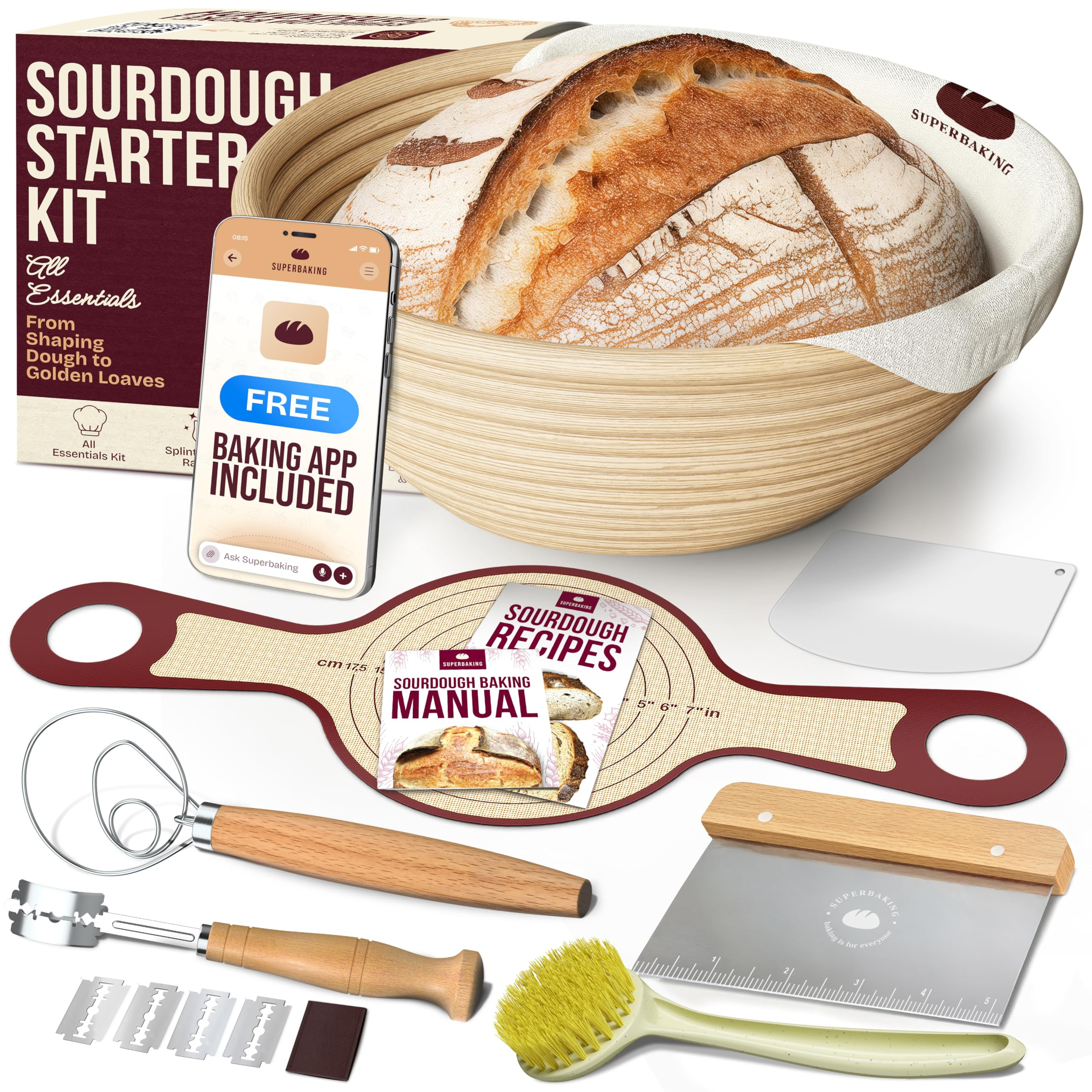 Superbaking Banneton Bread Proofing Basket Set with Silicone Dough Sling, 9" Splinter-Free Proofi... | Amazon (US)