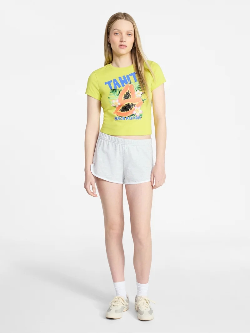 No Boundaries Ribbed Cotton Graphic Baby Tee with Short Sleeves, Women's XXS-XXL | Walmart (US)