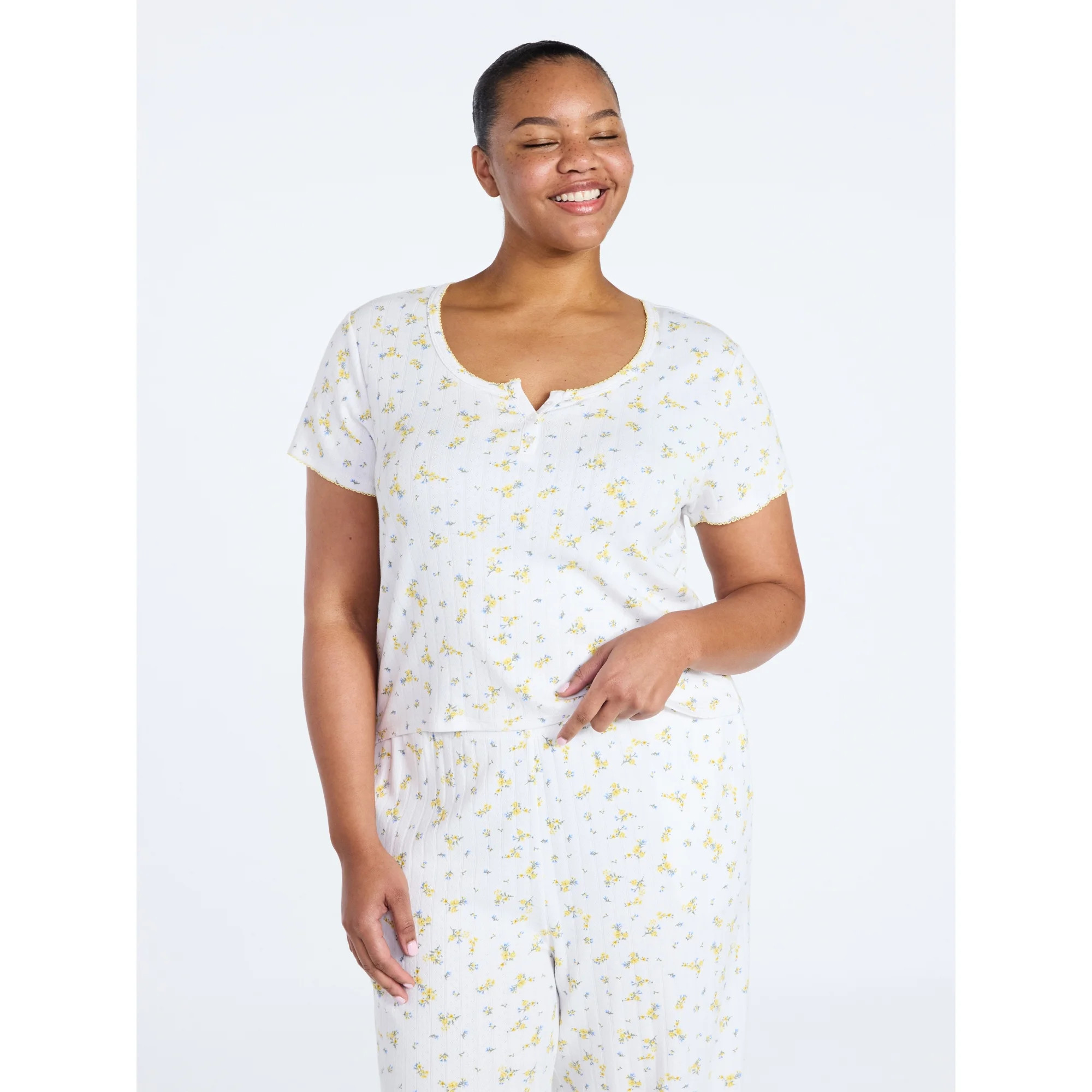 Joyspun Women’s Pointelle Knit Sleepwear Henley Tee with Short Sleeves, Sizes XS-3X | Walmart (US)