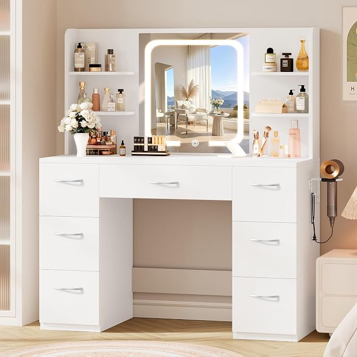 LIVELYGLOW 43" Large White Makeup Vanity Desk with Charging Station | Amazon (US)