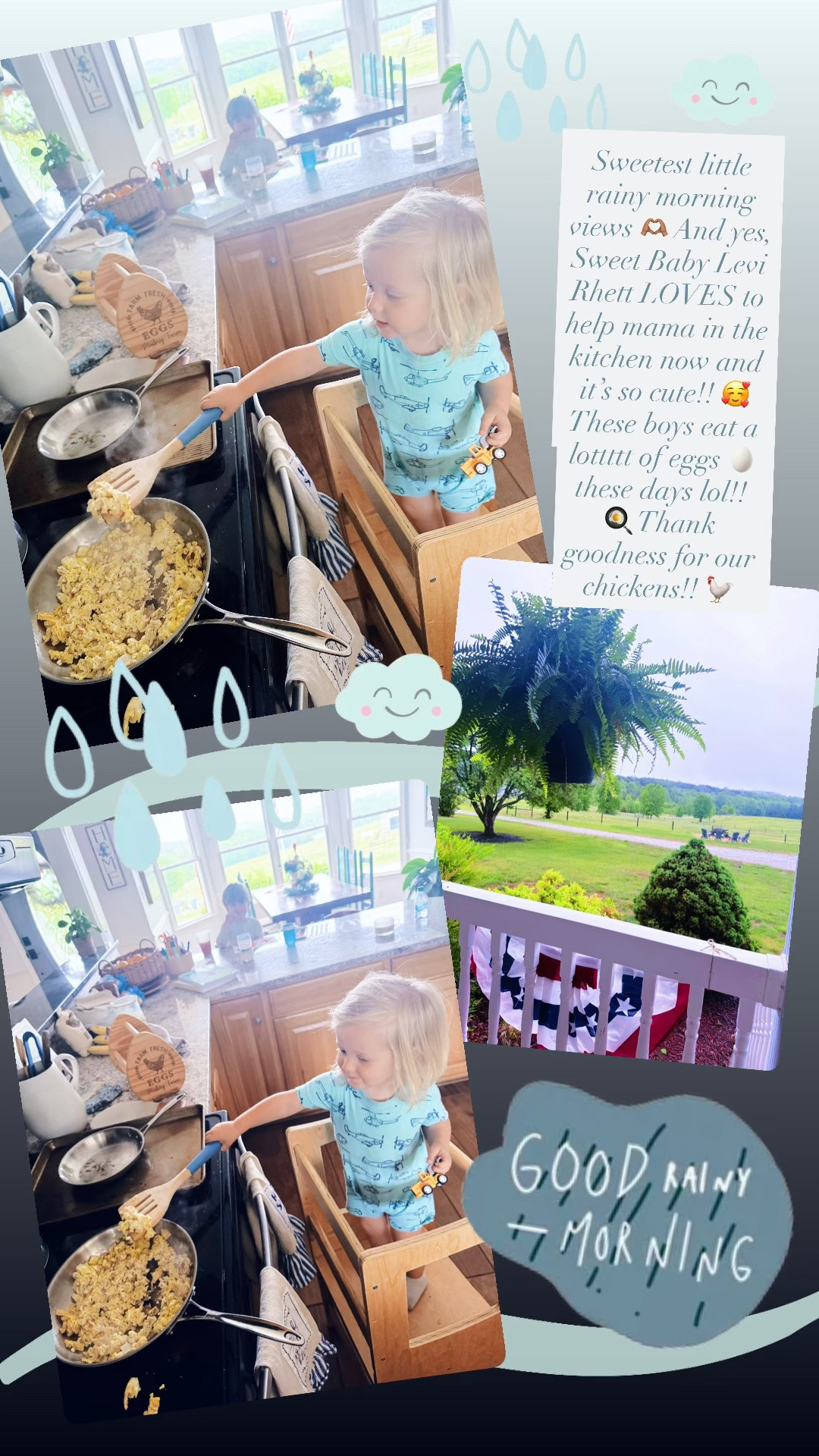 Sweetest little rainy morning views 🫶🏽 And yes, Sweet Baby Levi Rhett LOVES to help mama in the kitchen now and it’s so cute!! 🥰 These boys eat a lottttt of eggs 🥚 these days lol!! 🍳 Thank goodness for our chickens!! 🐓