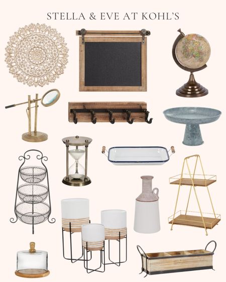 Stella and Eve home decor at Kohl’s. Decorations. Table decor. Wall decor. Wood floral inspired wall art. Chalkboard wall decor. Decorative globe. Industrial hook rack. Hourglass 30 minute timer. Galvanized pedestal bowl. Table top magnifier. 3-tier decorative tray stand. Fruit baskets. Gold and wood tiered server. 2-piece decorative serving trays. Ceramic vase. 3-piece planter set with stands. Wood and metal tray. Wood and glass cloche  

#LTKhome