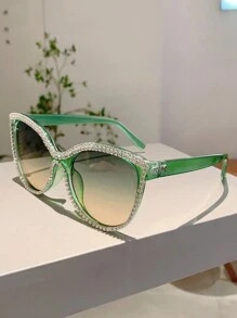 1pc Women's Plus Size Cat Eye Full Frame Fashion Glasses, Rhinestone Decor, Gradient Colored Lens... | SHEIN