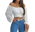 MIRACMODA Woman Off Shoulder Ruched Tie Back Crop Top Summer Lantern Sleeve Boho Shirt Blouse | Amazon (US)