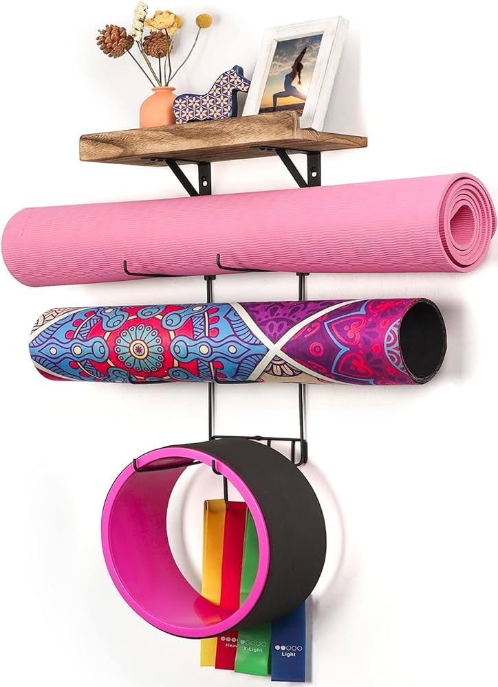 Yoga Mat Holder Wall Mount Yoga Mat Storage Home Gym Accessories with Wood Floating Shelves and 4... | Amazon (US)