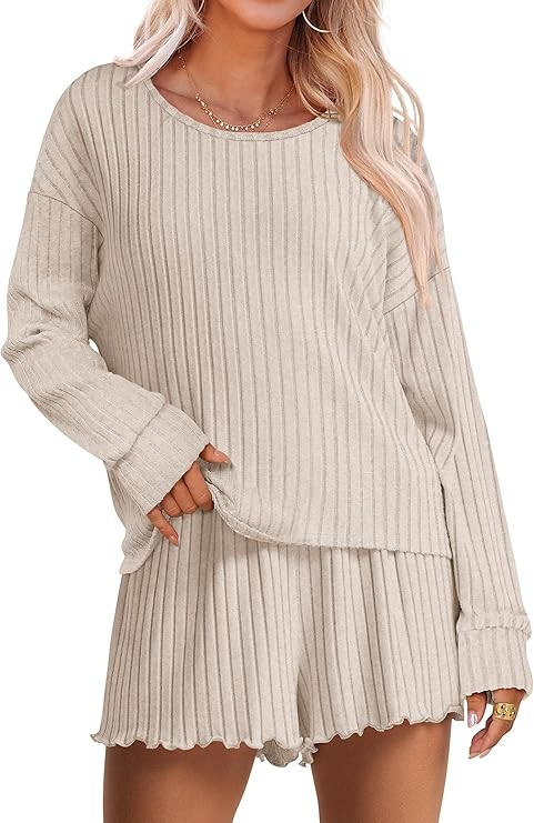 ANRABESS Women's 2 Piece Lounge Pajama Sets Casual Ribbed Long Sleeve Top Matching Shorts Sleepwe... | Amazon (US)
