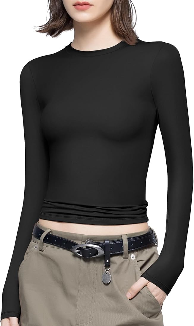 PUMIEY Women's Long Sleeve T Shirts Crew Neck Slim Fit Tops Sexy Basic Tee Smoke Cloud Pro Collectio | Amazon (US)