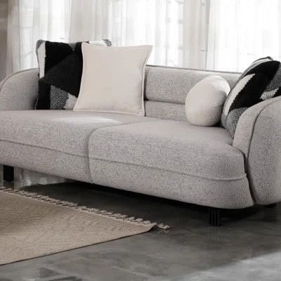 Curved Modern Bouclé Sofa With Rounded Arms And Plush Accent Pillows – Soft Gray | Wayfair North America