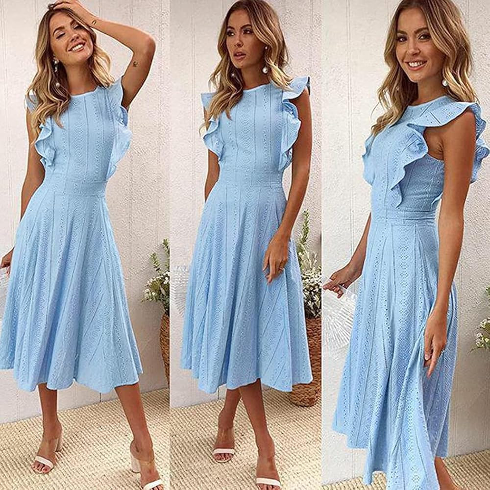 ECOWISH Womens Dresses Elegant Ruffles Cap Sleeves Summer A-Line Midi Dress | Amazon (US)