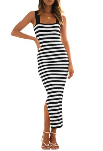 MEROKEETY Womens Spring Summer Bodycon Midi Dress 2026 Beach Vacation Sleeveless Striped Tank Ribbed Knit Sweater Dresses, Black, M | Amazon (US)
