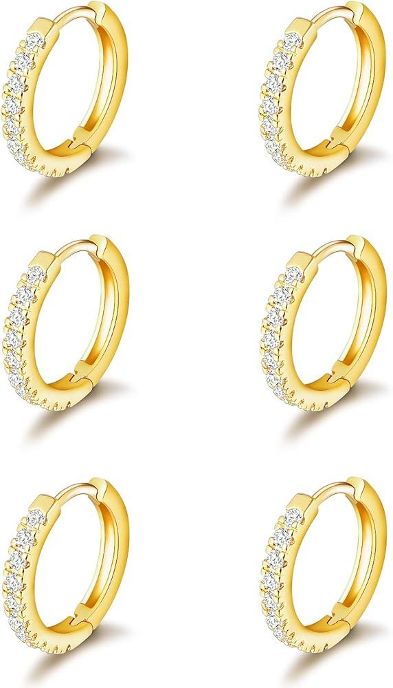 micuco 3 Pairs Small Hoop Earrings Tiny Cartilage Earrings Cubic Zirconia Cuff Earrings White Gold H | Amazon (US)