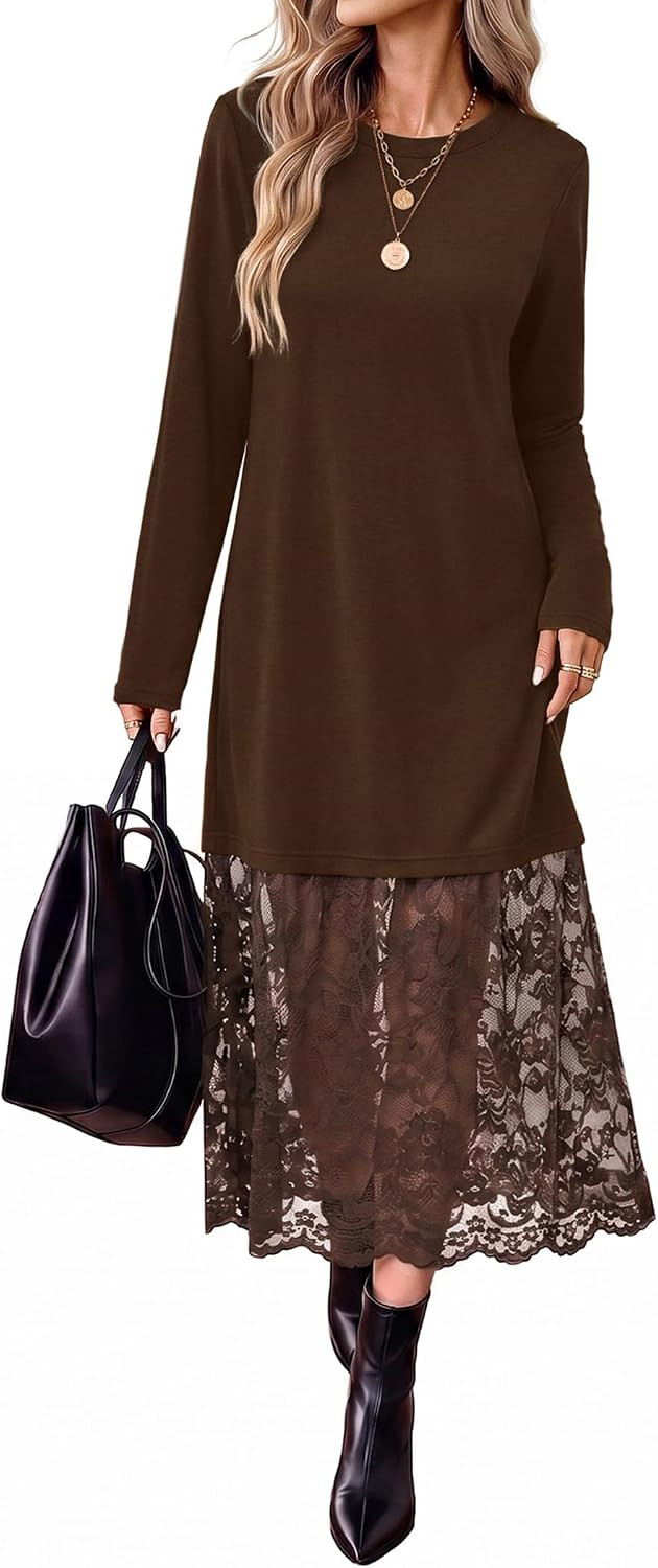 Long Sleeve Fall Dresses Midi Lace Patchwork Dress Fall Wedding Guest Dress | Amazon (US)