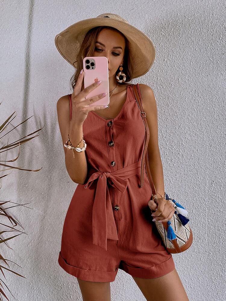 Button Front Belted Tank Romper | SHEIN