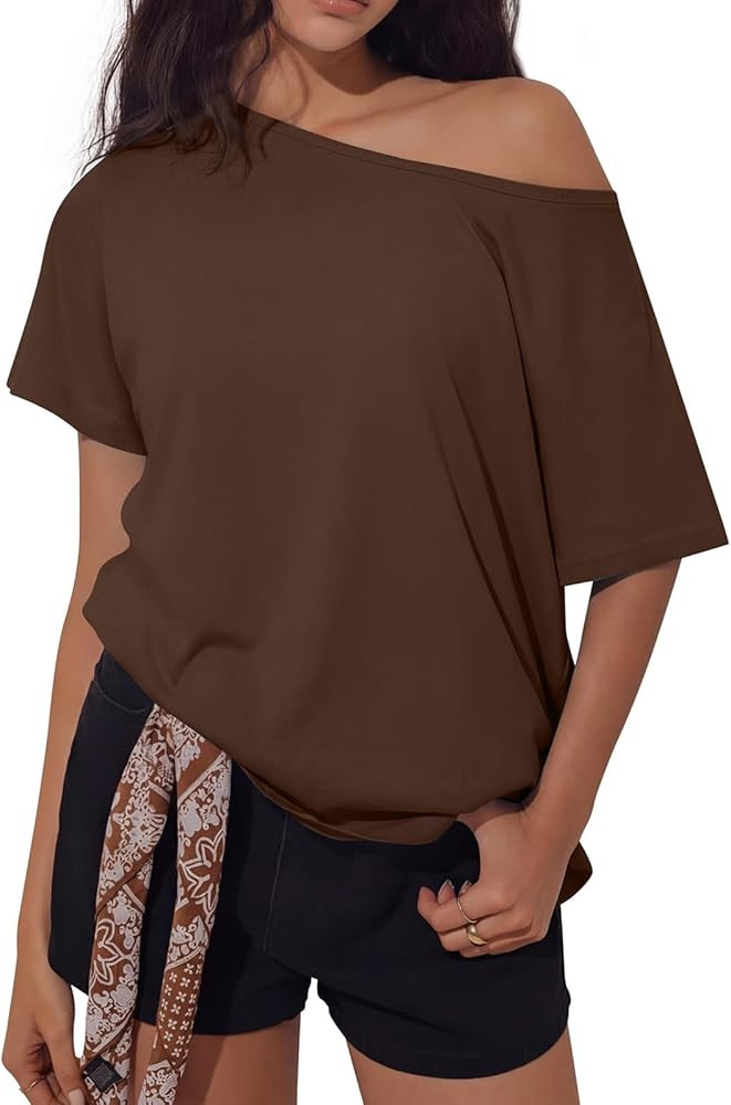 REORIA Women's Off The Shoulder Oversized T Shirts Short Sleeve Casual 2026 Summer Basic Tees for... | Amazon (US)