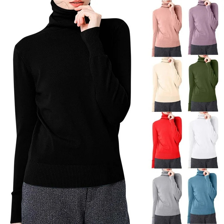 Pitauce Turtleneck Sweater for Women Solid Color Knitted Cotton Long Sleeve Tops Slim Fit Pullove... | Walmart (US)