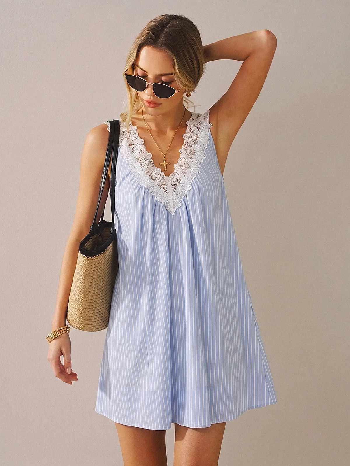 Striped Lace Trim V-Neck Mini Dress | Commense