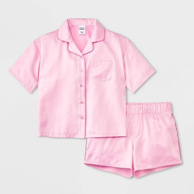 Girls' 2pc Satin Short Sleeve Button Up Pajama Set - art class™ Pink S | Target