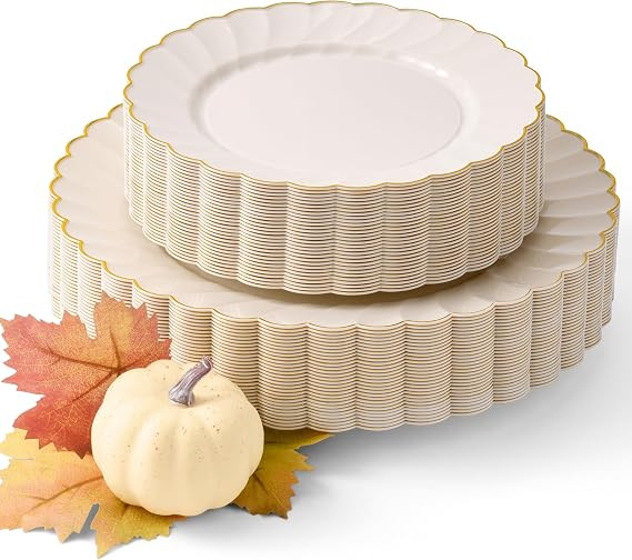 By Madee HEAVYWEIGHT 60 Pc Thanksgiving Plates Disposable – Ivory Scalloped Plates with Gold Tr... | Amazon (US)
