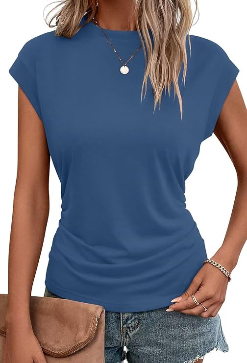 Bliwov Womens Summer Tops Cap Sleeve Crew Neck T Shirts Spring Trendy Fashion Outfits Business Be... | Amazon (US)