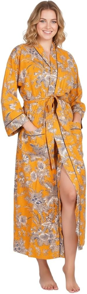 COTSILER Cotton Block Print Kimono Robe for Women Long Bathrobe with Belt & Pockets For Summer Li... | Amazon (US)