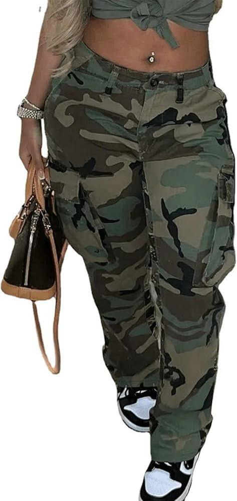NRTHYE Women Camouflage Cargo Pants Pocket Zipper High Waist Patchwork Straight Casual Trousers | Amazon (US)