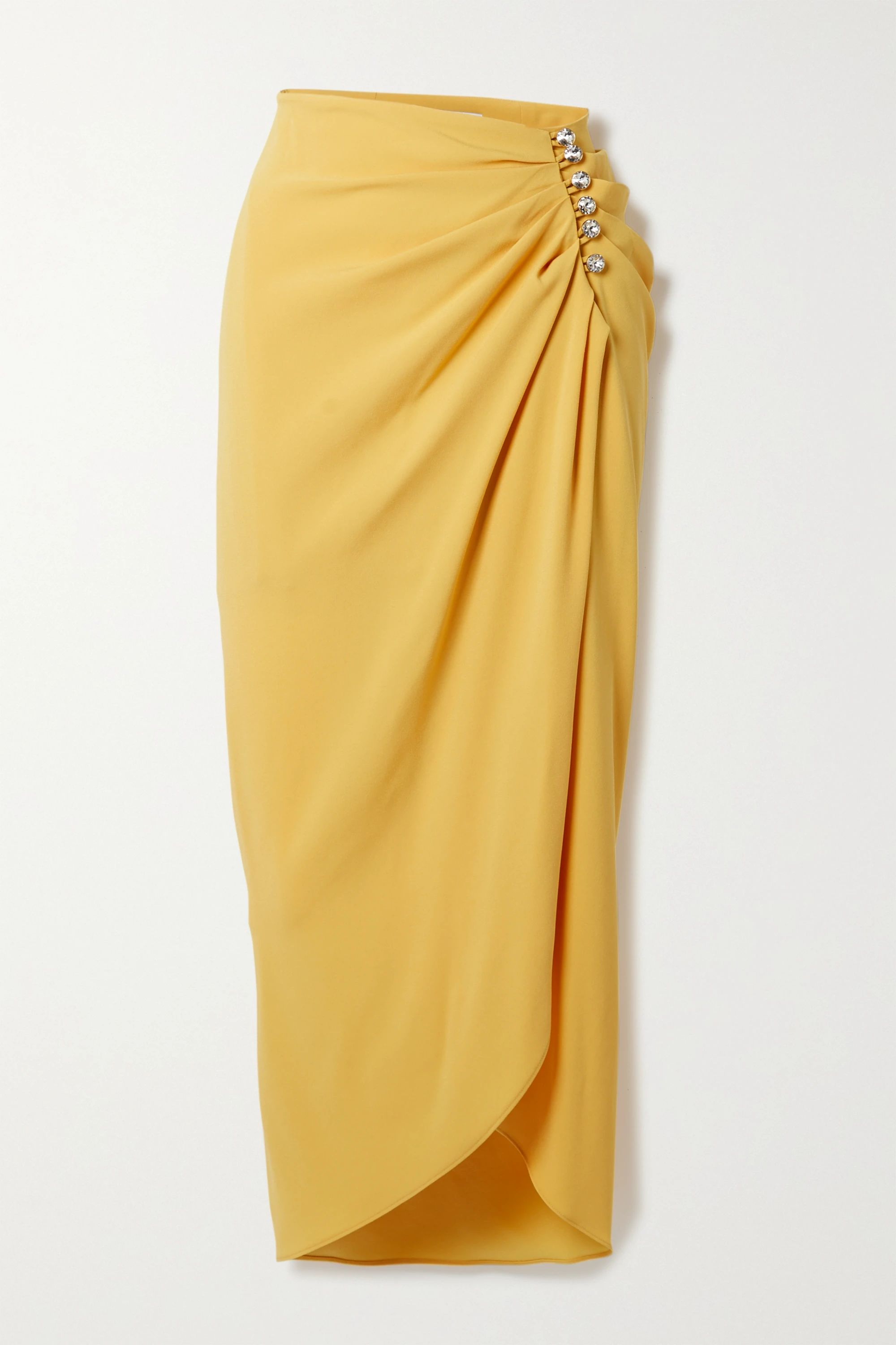 Mustard Alexia crystal-embellished ruched crepe de chine wrap midi skirt | Racil | NET-A-PORTER | NET-A-PORTER (US)