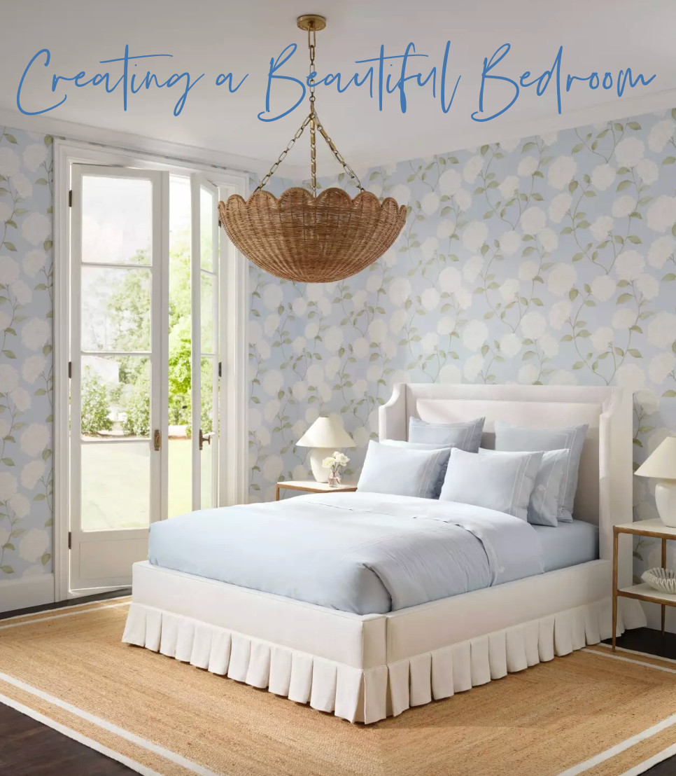 Spring bedroom refresh in beautiful blues and coastal-inspired pieces from @serenaandlily. Loving the light textures, airy linens, and soft layers that bring a calming, curated feel to this space. The wicker chandelier is a favorite and the wallpaper is the perfect texture for a fresh and inviting room. #bedroomrefresh #springdecor #neutralhome #serenaandlilystyle #coastaldecor #blueandwhitebedroom #homerefresh #interiorinspo #springstyling #organicmodern  #rattanbed  #LTKStyleTip 

 #LTKHome