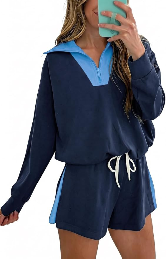Fisoew Womens 2 Piece Outfits Quarter Zip Sweatshirt Shorts Sets Sweatsuits | Amazon (US)