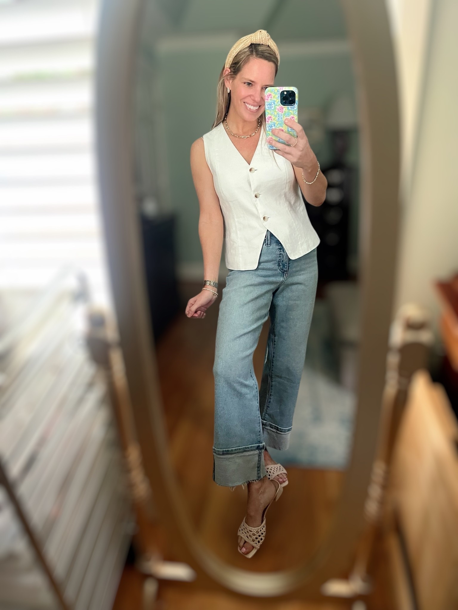 Melinda Maria code: PREPPYREBEL for 10% off my jewelry

Neutral + denim = timeless and polished!
This tailored linen-blend vest is the ultimate closet staple—sleek, flattering, and perfect for layering or wearing solo. I paired it with my favorite wide-leg cuffed jeans (size 0, Walmart) for an easy, elevated casual look. Finished with woven Amazon heels, a textured headband, and stacked Melinda Maria gold jewelry for a little glam sparkle!

Outfit Details:
• Cream button-front vest
• Wide-leg cuffed jeans – size 0 (Walmart)
• Amazon woven heels
• Melinda Maria layered necklace, hoops & bracelet ✨

#WalmartFashion #PreppyStyle #LinenLook #WideLegDenim #VestOutfit #LTKunder50 #AmazonHeels #NeutralStyle #PREPPYREBEL #SummerChic
👖✨🧺💛🌾💼

#LTKFindsUnder50 #LTKFindsUnder100 #LTKOver40