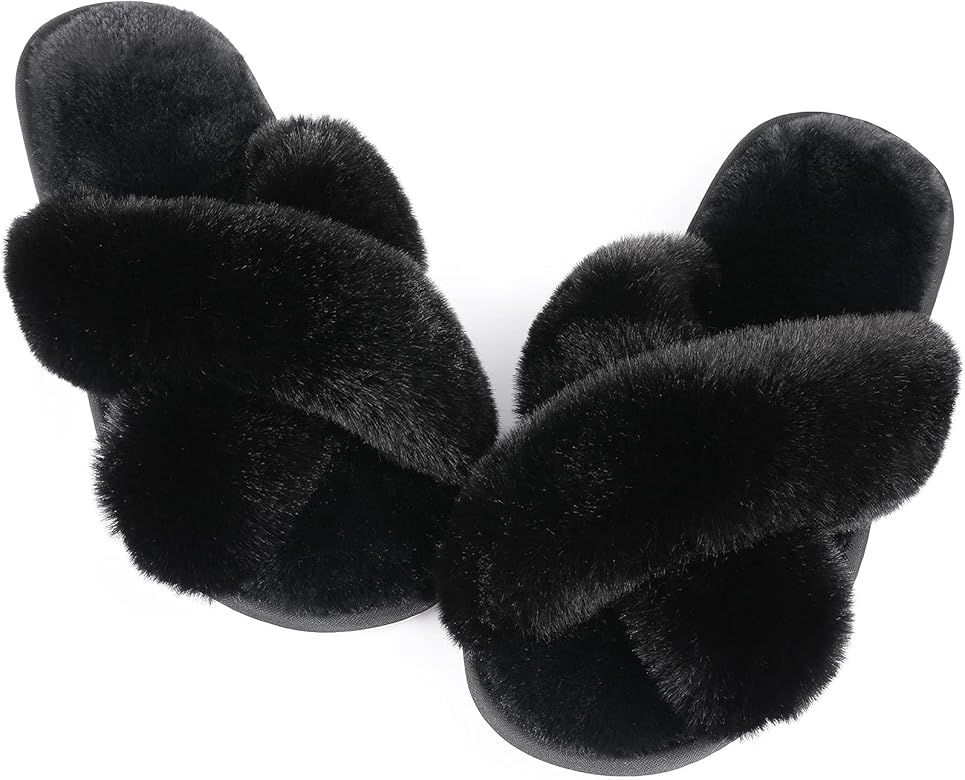Ankis Womens Fuzzy Memory Foam Slippers Cross Band Cozy Plush Home Slippers Fluffy Furry Open Toe... | Amazon (US)