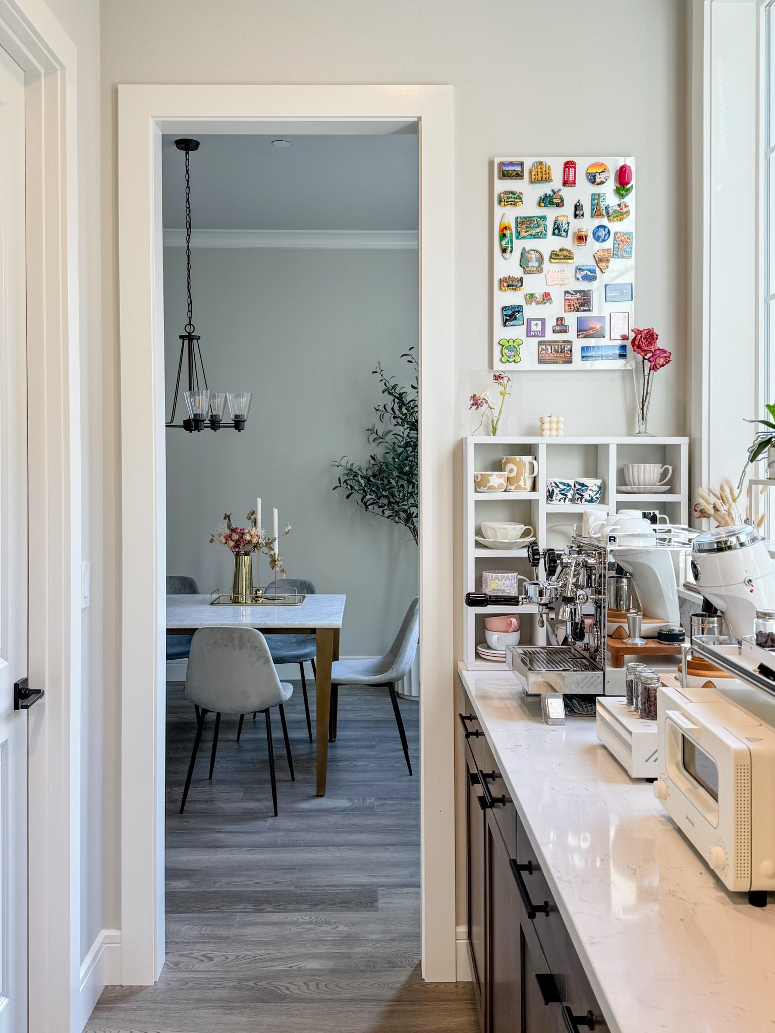 Coffee corner updated with IKEA metal memo board with my Refrigerator magnets transferred from dishwashe🤣

#LTKHome