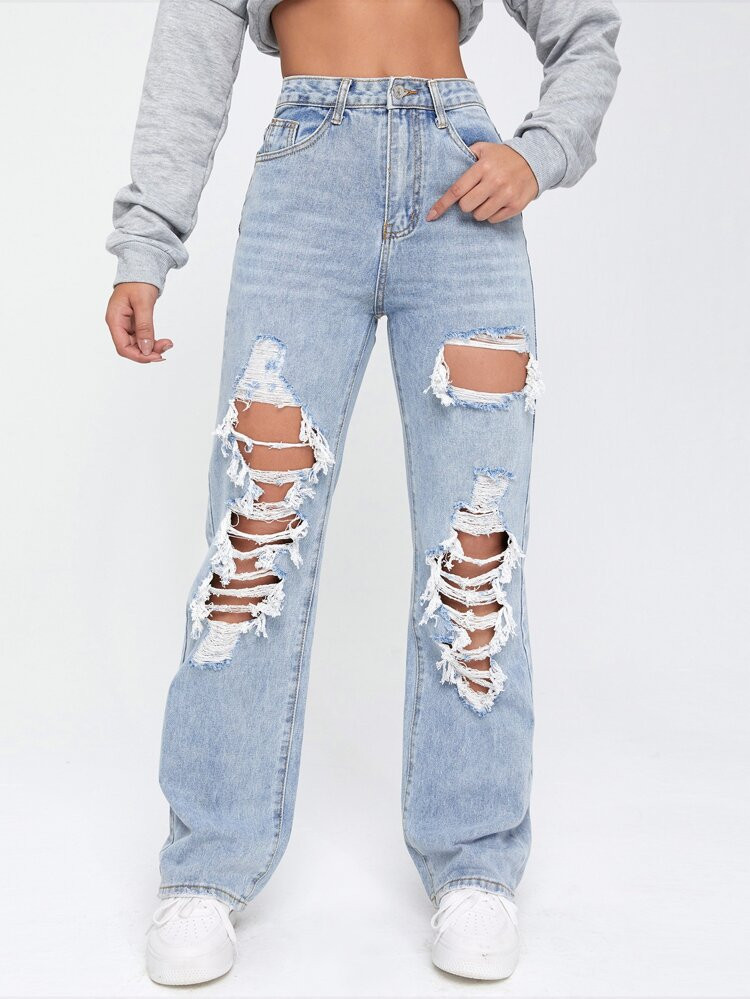 Light Washed Cut Out Ripped Straight Leg Jeans | SHEIN