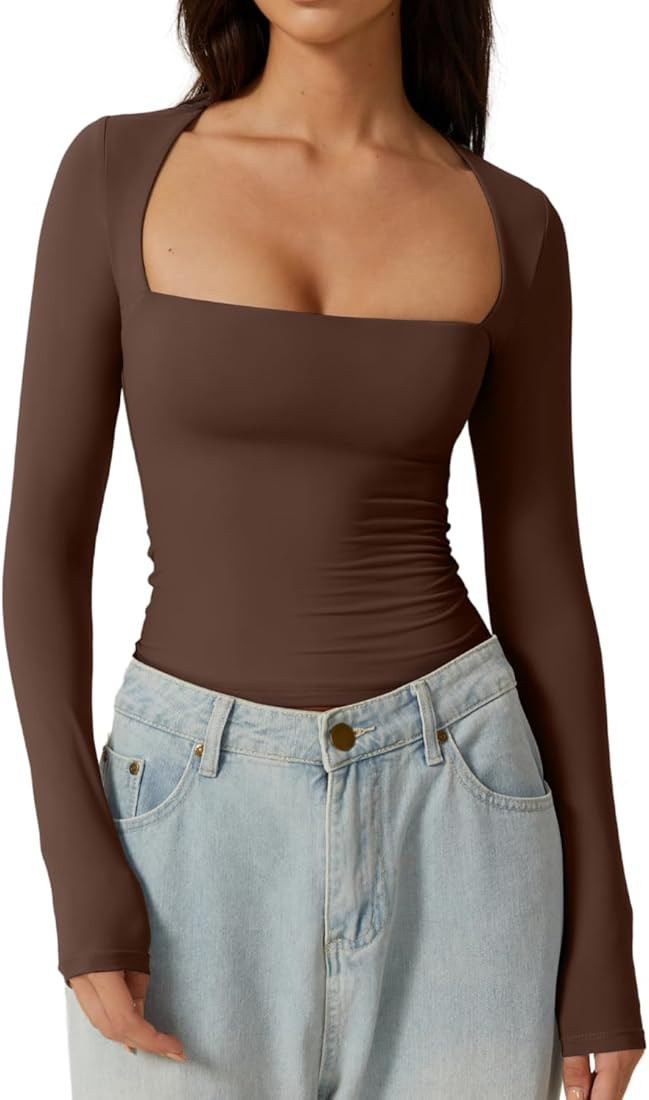 QINSEN Women's Sexy Square Neck Shirt Long Sleeve Double Lined Tees Fitted Going Out Tops | Amazon (CA)