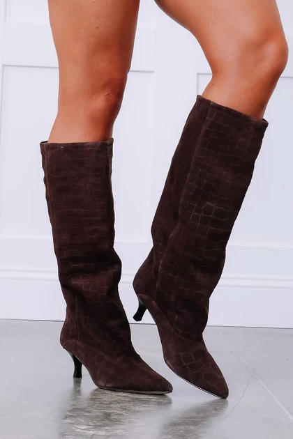 Dolce Vita Roxla Dark Chocolate Croco Embossed Leather Boots | The Willow Tree