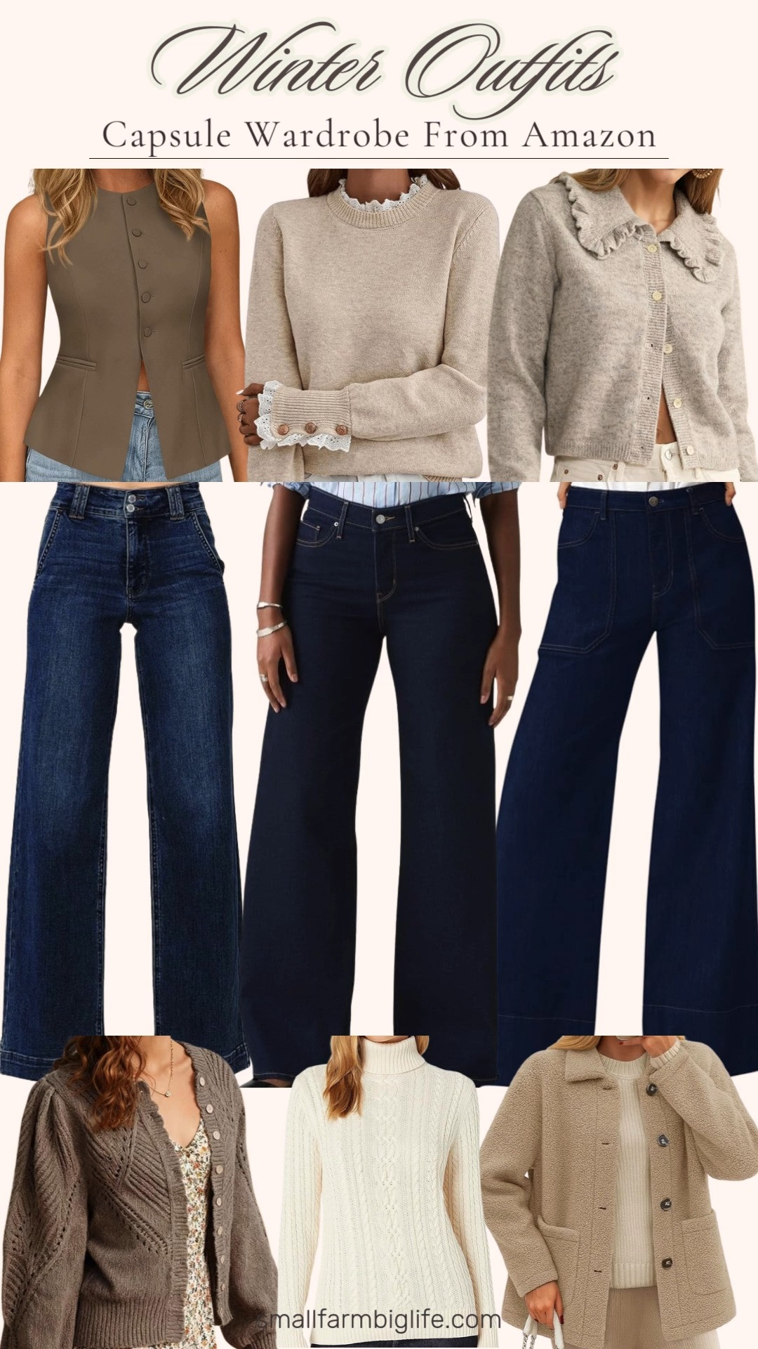 Amazon winter capsule wardrobe in soft neutrals 🤍❄️ Cozy layers like a cream cable knit turtleneck, pointelle and ruffle collar cardigans, and a tan fleece button front jacket make mixing and matching effortless. Finished with dark rinse wide leg jeans and a tan vest for easy, everyday winter outfits you’ll wear on repeat. 

 #LTKOver40 #LTKFindsUnder50 #LTKWorkwear