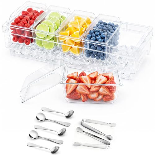 Lifewit Chilled Condiment Caddy with Lids, Serving Set for Party with 5 Containers & Accessories, Garnish Tray for Bartenders, Serving Platter for Taco & Mimosa Bar, Lemonade Stand, Buffet Supplies | Amazon (US)