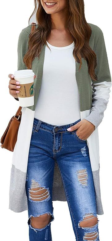 Women Boho Open Front Cardigan Colorblock Long Sleeve Casual Loose Knit Lightweight Sweaters | Amazon (US)