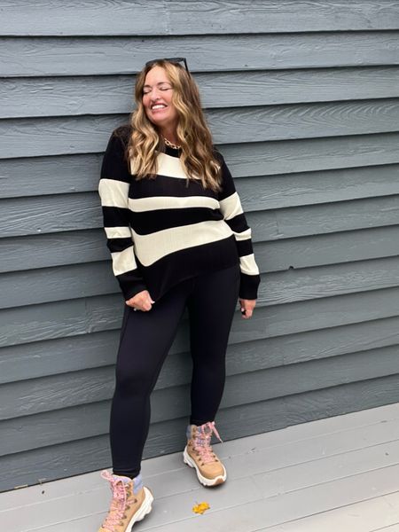 What to pack for an Alaskan Cruise! ❄️This effortless classic striped sweater for sure! From the @ATMcollection
It is super lightweight in a beautiful knit fabric.
Definitely my Fleece lined Leggings with side pockets! 
The boots! Water proof and comfortable and did I mention they are not heavy on the foot?